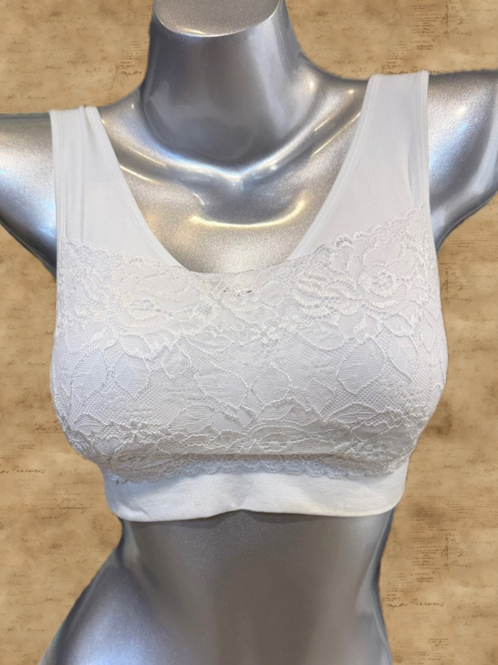 Lace stretchy bralette layer tank top‎ sports peekaboo bra white floral lace L